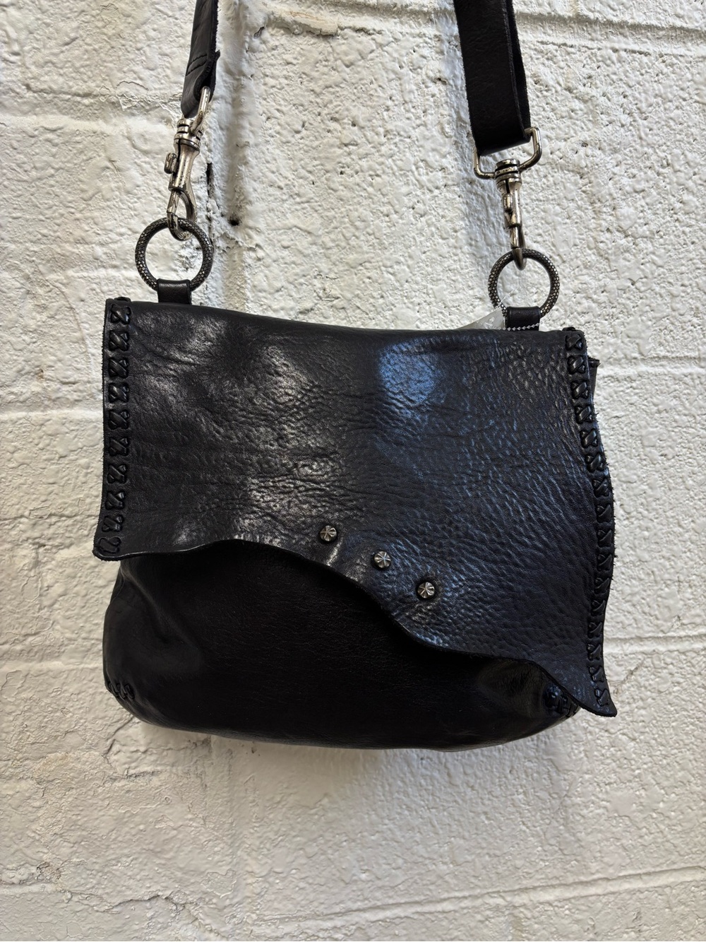 Campomaggi Black Leather Shoulder Bag with Stud Accents